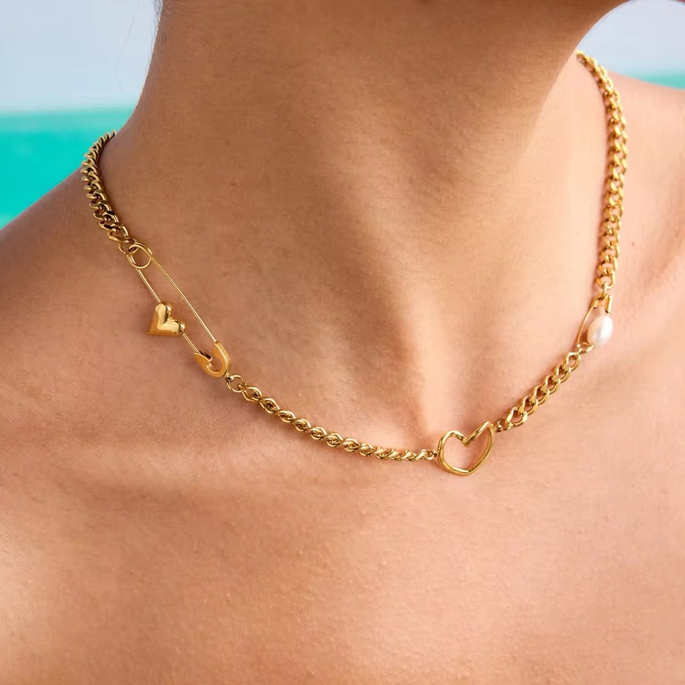 18K Gold Plated Paper Clip Heart Pearl Chain Necklace Waterproof Hypoallergenic